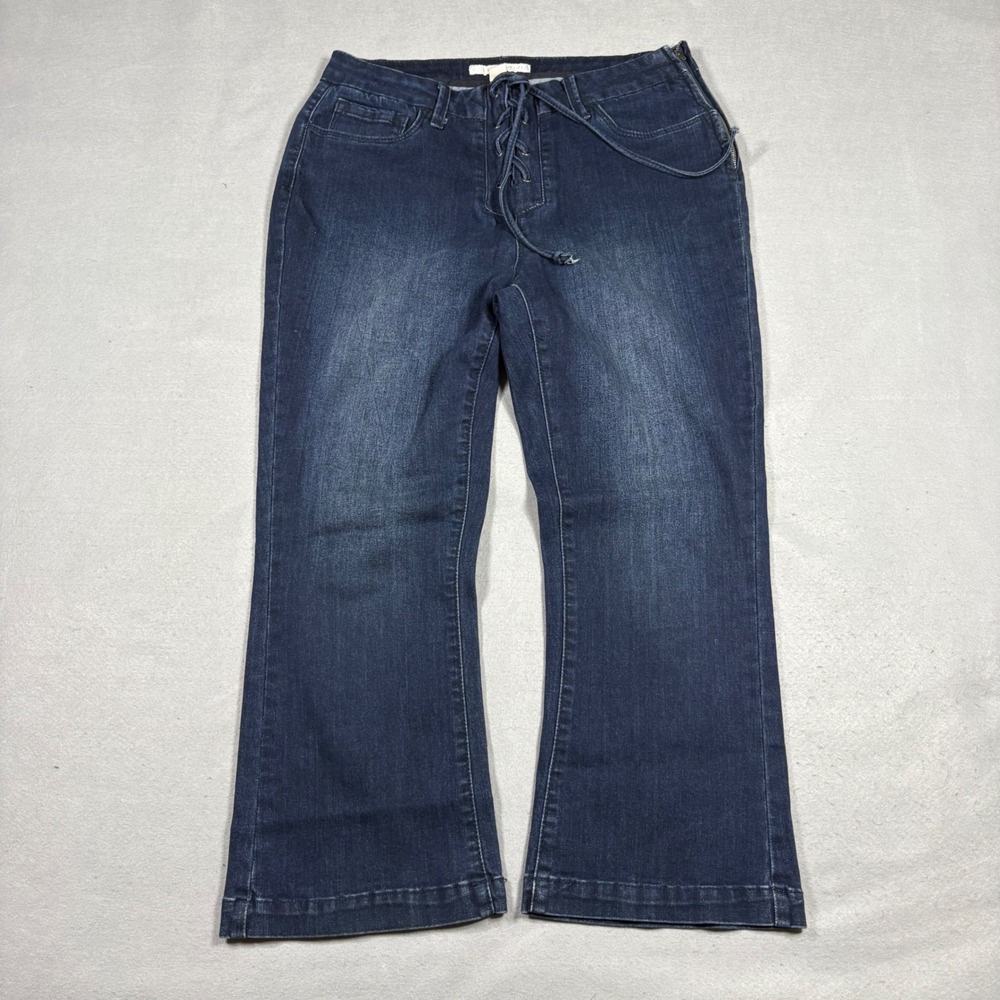 2000s Y2K Womens Dark Wash Lace Up Front Flare Jeans Blue Size 8 Side Zip
